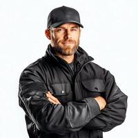 Confident man in casual black jacket and cap poses with arms crossed, showcasing a stylish yet practical appearance. Ideal for themes of security, confidence, and professionalism. photo