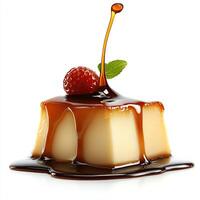 Delicious creamy flan with caramel drizzle, topped with a fresh raspberry and mint leaf, isolated on white background. photo