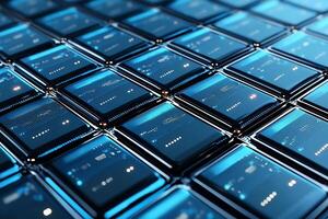 A close-up view of a grid of modern blue screens showcasing sleek digital interfaces, exemplifying technological advancement and digital connectivity in contemporary design. photo
