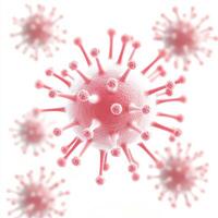 Close-up view of red virus particles on a white background, illustrating the microscopic structure of a viral pathogen. photo