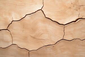 A close-up view of detailed wood grain with intricate cracks forming unique patterns. Ideal for designs related to nature, craftsmanship, and sustainable materials. photo