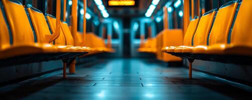 A visually striking view of an empty subway train featuring vibrant orange seats and a moody atmosphere, conveying the essence of urban transit and modern city life. photo