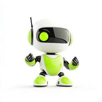 A cute, futuristic robot with a sleek design and vibrant green accents. Ideal for showcasing innovation in robotics and technology, perfect for businesses in the tech field. photo