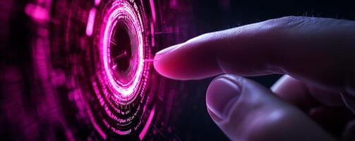 A close-up of a finger touching a vibrant, glowing interface with intricate patterns photo