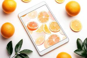 An artistic arrangement of fresh oranges and slices around a digital tablet displaying vibrant citrus images, perfect for food-related content and healthy lifestyle themes. photo
