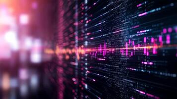 A vibrant digital data visualization displaying colorful waveforms and lines of code, representing the flow of information in futuristic technology environments. photo