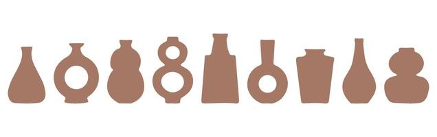 Set of abstract vase silhouettes in brown.Various modern, geometric pottery designs.Cozy home decor handmade boho vector