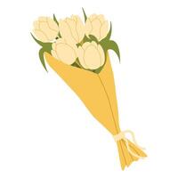 Bouquet of yellow tulips wrapped in decorative paper, tied with a ribbon. Floral illustration in a soft, elegant style for spring holidays and Mother's Day vector