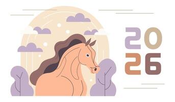Happy New Year background with abstract horse in nature and numbers 2026. Year of the Horse. Modern greeting card. Illustration vector