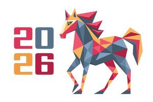 Happy New Year background with a geometric polygonal horse silhouette and the numbers 2026. Year of the Horse. Greeting card. Illustration in flat style vector