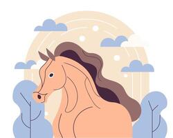 Stylized horse on a nature background with rainbow and clouds. Year of the Horse. Modern illustration in flat style. vector