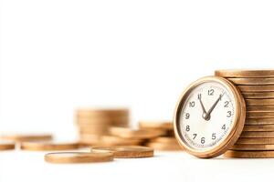 A close-up of stacked coins and a clock, representing the concept of time management in finance, illustrating the relationship between money and time in investments. photo