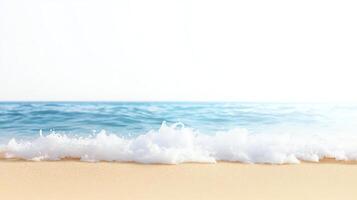 A serene beach scene featuring gentle waves lapping against the soft golden sand under a bright, clear sky. This tranquil coastal environment evokes peace and relaxation. photo