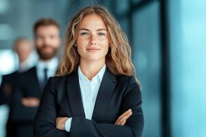 Confident businesswoman standing with her arms crossed, leading her team in a modern office environment, showcasing professionalism and teamwork in a corporate setting. photo
