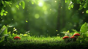 A serene forest floor scene, showcasing vibrant green grass and colorful mushrooms nestled among lush foliage photo