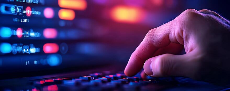 un de cerca imagen de un mano prensado llaves en un avanzado controlar panel rodeado por vistoso luces, simbolizando moderno tecnología y innovación en digital entornos. foto