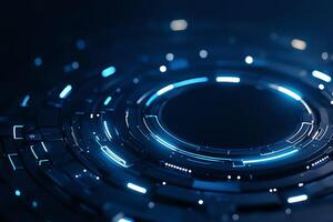 This abstract image features futuristic circular patterns with blue glowing lights, perfect for technology, digital art, or sci-fi themes. Ideal for backgrounds or design elements. photo