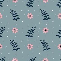 Seamless pattern with pink flowers and leaves on a blue background vector