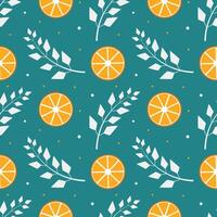 Seamless pattern with oranges and leaves on a turquoise background vector