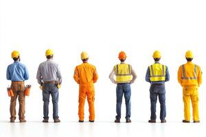 A group of construction workers in safety gear stand in a line, showcasing teamwork and professionalism in the construction industry, ready for action with tools by their side. photo