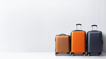 Three stylish suitcases in vibrant colors, neatly lined up against a minimalist white background, ideal for representing adventure, travel plans, and packing for journeys. photo