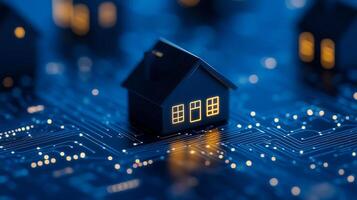 A digital representation of a house resting on a circuit board, symbolizing the fusion of technology and modern living photo