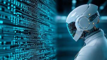 A futuristic robot with a sleek design stands in front of a glowing digital background filled with data streams, showcasing advancements in artificial intelligence and technology. photo
