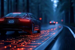 A modern car drives through a futuristic forest road illuminated by vibrant circuit patterns photo