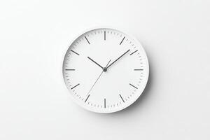 A minimalist white wall clock displaying clean design with black hour and minute hands. Perfect for modern interiors, reflecting simplicity and elegance in timekeeping. photo