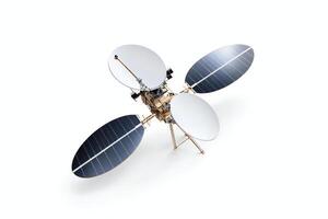 A high-tech satellite with large solar panels faces upward, representing advancements in communication and technology in space exploration. photo