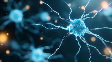 Close-up view of human neurons showcasing their intricate structure and connections. Vibrant blue hues highlight the unique features of these essential brain cells. photo