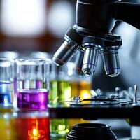 A close-up view of a microscope in a laboratory surrounded by colorful glass beakers. The setting highlights the vibrant liquids used in scientific experiments and research. photo