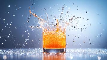 A refreshing splash of orange drink in a glass, capturing the dynamic motion of liquid and droplets against a vibrant blue background, perfect for beverage-themed visuals. photo