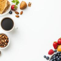 A delightful arrangement of a healthy breakfast featuring coffee, assorted nuts, fresh fruits, and whole grain bread, perfect for a nutritious start to the day. photo