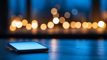 A modern smartphone rests on a polished surface, illuminated by soft bokeh lights in the background, creating a serene and tech-savvy ambiance ideal for digital themes. photo