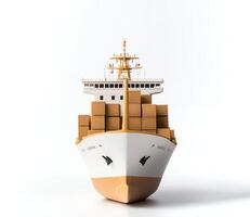 A detailed model of a cargo ship loaded with boxes, symbolizing shipping and logistics. Perfect for illustrating maritime trade and transportation in various contexts. photo