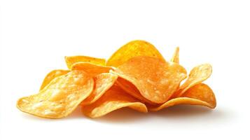 A delightful arrangement of golden potato chips on a white background, showcasing their crunchy texture and savory appeal. Perfect for snacking, parties, or casual gatherings. photo
