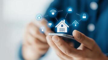 A person using a smartphone to control smart home devices. Icons representing connectivity and security surround a house symbol, illustrating modern home automation. photo