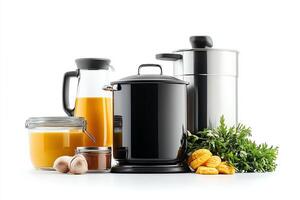 A modern kitchen display featuring various containers, including juicers and jars, alongside fresh vegetables. Perfect for showcasing culinary creativity and healthy cooking. photo