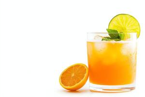 A refreshing citrus cocktail served over ice, garnished with a mint leaf and slices of lime. Perfect for summer gatherings or tropical themed events. photo