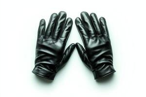 A pair of sleek black gloves resting against a white background, symbolizing elegance and sophistication. Ideal for fashion or accessory-related projects. photo