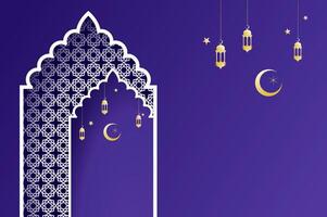 Islamic architecture window with lantern and moon, 3D papercut gradient violet color ramadan background arch arabic. Islamic celebration template with copy space. vector