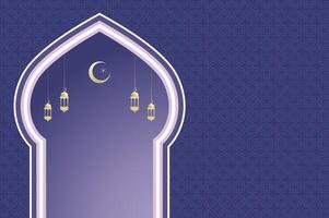 Islamic architecture window with lantern and moon, ramadan background arch arabic on violet color. Islamic celebration festival template with copy space. vector