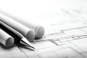 A close-up view of architectural blueprints with rolled plans and a pen, showcasing detailed construction designs and technical drawings essential for building projects. photo