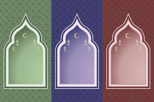 Islamic arch window with lantern and moon, ramadan background arch arabic. Islamic celebration template with copy space. vector