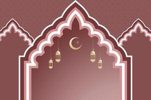 Islamic architecture window with lantern and moon, ramadan background arch arabic on red color. Islamic celebration festival template with copy space. vector