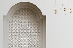 3D effect papercut style Islamic arch window with lantern, ramadan background and Islamic celebration template with copy space. vector
