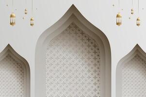 3D effect papercut style Islamic architecture window with lantern, ramadan background and Islamic celebration festival template with copy space. vector