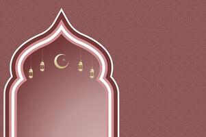 Islamic architecture window with lantern and moon, ramadan background arch arabic on red color. Islamic celebration template with copy space. vector