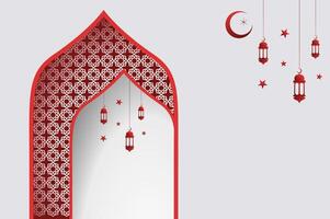 Islamic architecture window with lantern and moon, 3D papercut red color ramadan background arch arabic. Islamic celebration template with copy space. vector